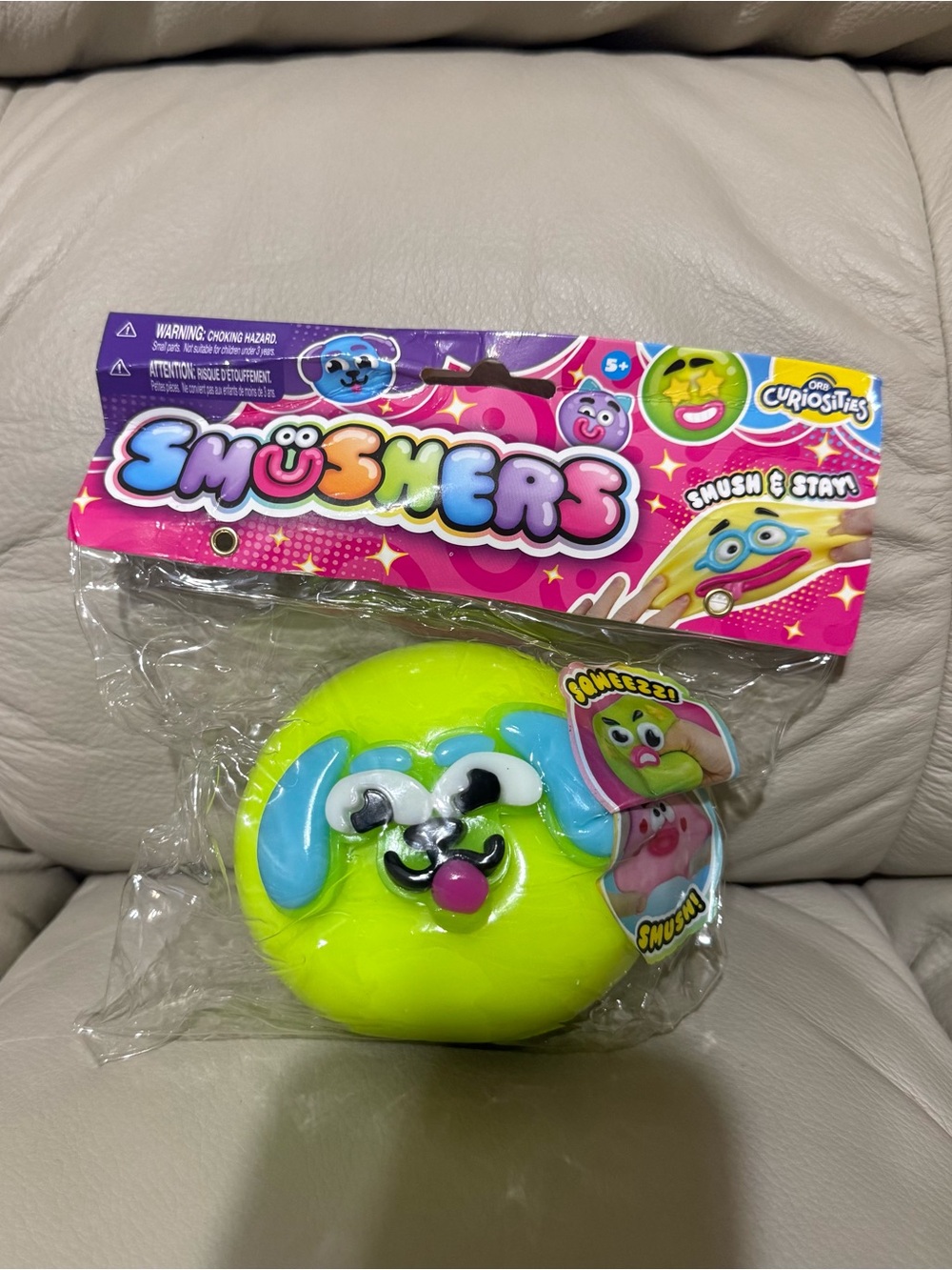 ORB Curiosities Smushers Squishy Toy Lime Green Yellow Blue Dog Face NEW